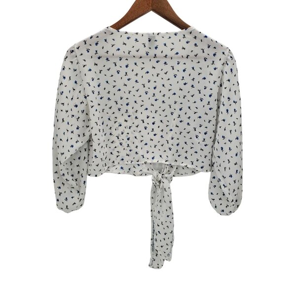 Windsor Sheer Tie Front Blouse M White Blue Floral Crop Top Boho Festival - Picture 4 of 14